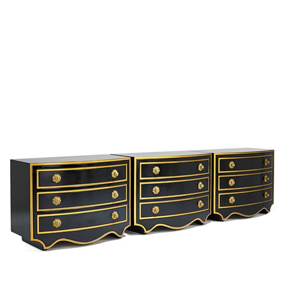 DOROTHY DRAPER Three Viennese Collection dressers: DOROTHY DRAPER HERITAGE HENREDON Three Viennese Collection dressers, USA, 1950s; Lacquered and gilt wood, painted metal; Branded; 28 3/4" x 39" x 19"