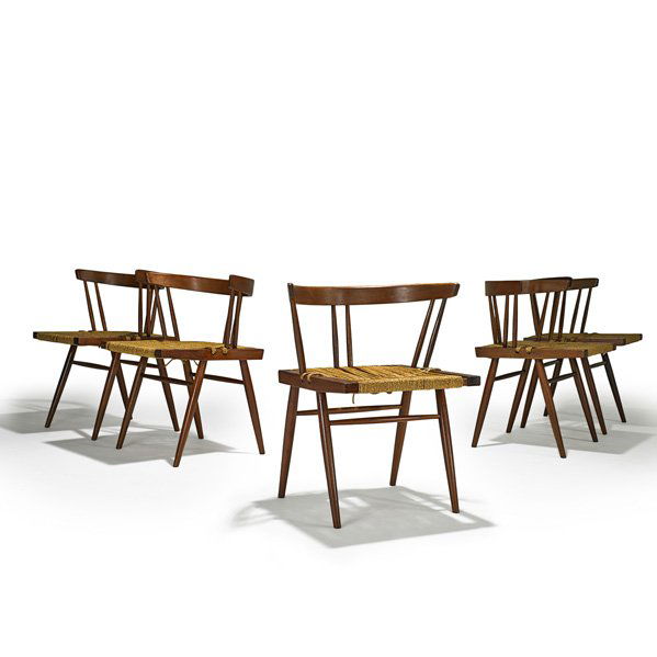 GEORGE NAKASHIMA Five Grass Seated chairs: GEORGE NAKASHIMA NAKASHIMA STUDIOS Set of five walnut Grass Seated chairs, New Hope, PA, before 1954; Unmarked; 27 3/4" x 23 1/2" x 20" Provenance available: Letter of authentication from Mira Nakashi