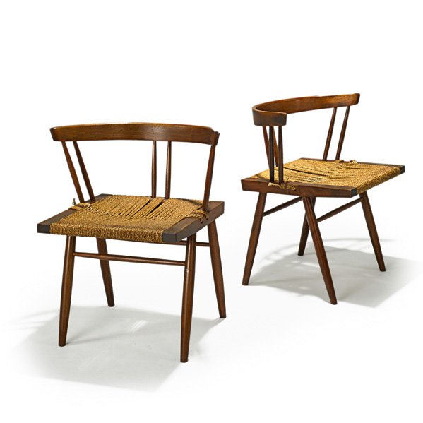 GEORGE NAKASHIMA Pr. of Grass Seated chairs: GEORGE NAKASHIMA NAKASHIMA STUDIOS Pair of Grass Seated chairs, New Hope, PA, 1974; Walnut, grass cord; Unmarked; 27 1/2" x 22 3/4" x 19 1/2" Provenance available: copy of original receipt