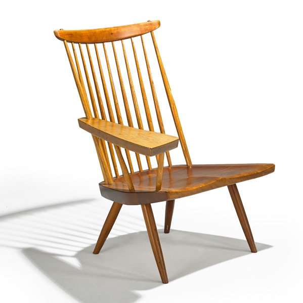 GEORGE NAKASHIMA Lounge Chair, One Arm: GEORGE NAKASHIMA NAKASHIMA STUDIOS Lounge Chair, One Arm, New Hope, PA, 1963; Cherry, hickory; Signed with client's name; 32 1/2" x 29 1/2" x 27" Provenance available: copy of original receipt