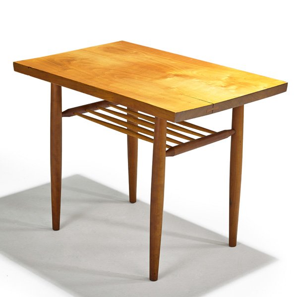 GEORGE NAKASHIMA End Table with Shelf: GEORGE NAKASHIMA NAKASHIMA STUDIOS Rectangular End Table with Shelf, New Hope, PA, 1963; Cherry, hickory, rosewood; Signed with client's name; 21" x 27 3/4" x 17 3/4" Provenance available: copy of ori