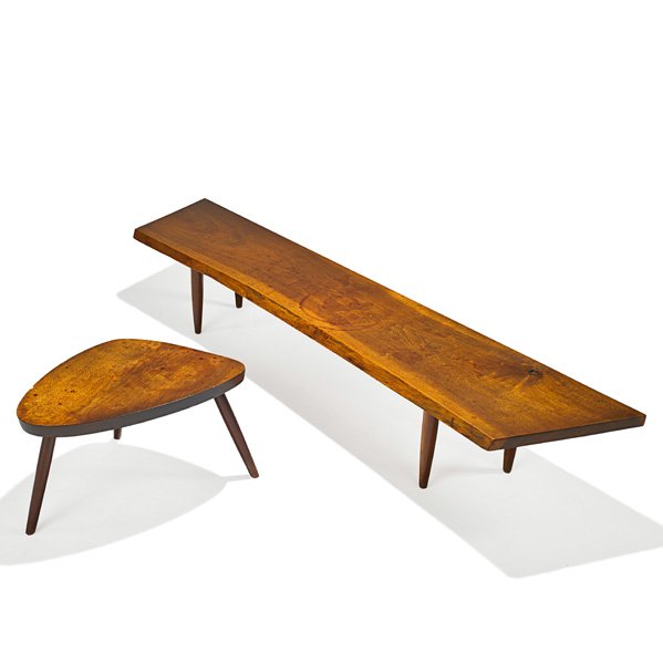 GEORGE NAKASHIMA Walnut "Q" bench and plank stool: GEORGE NAKASHIMA NAKASHIMA STUDIOS Walnut "Q" bench and plank stool, New Hope, PA; Bench signed with client's name; Bench: 12" x 72 1/2" x 15", stool: 12 1/2" x 21 1/4" x 14 1/4" Provenance available: