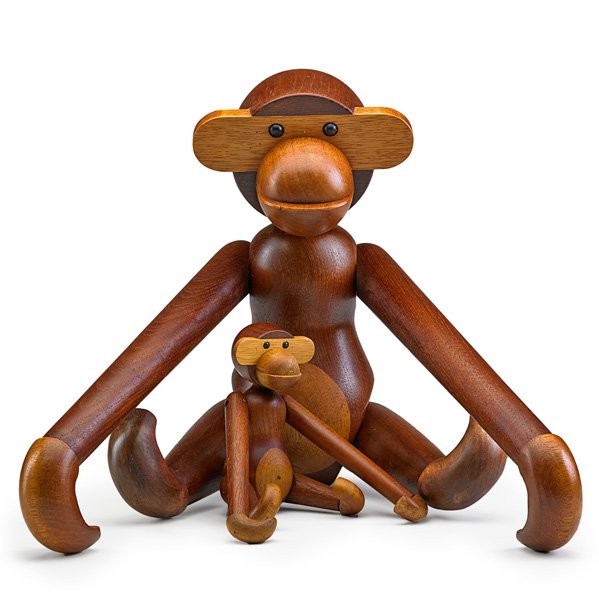 KAY BOJESEN Two teak monkeys: KAY BOJESEN Two teak monkeys, Denmark, 1950s; Larger stamped KAY BOJESEN DENMARK COPYRIGHT; Larger (as shown): 12 1/2" x 14" x 14"