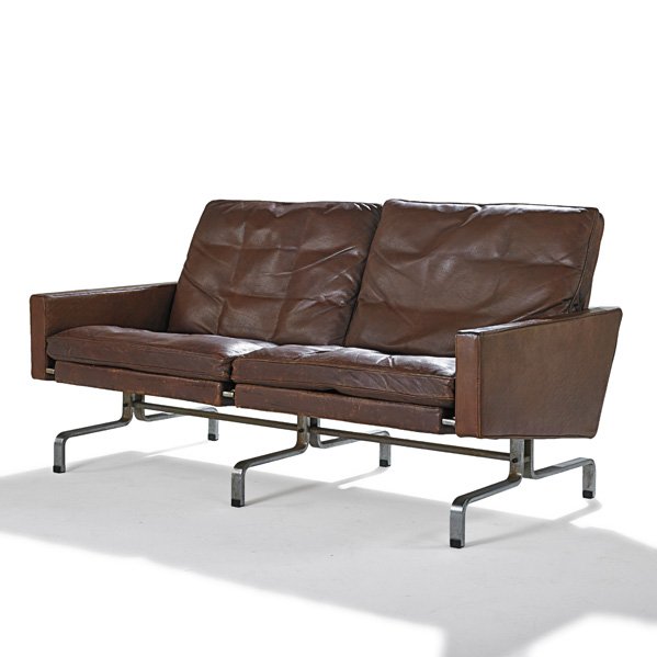 POUL KJAERHOLM Settee: POUL KJAERHOLM E. KOLD CHRISTENSEN Settee PK 31/2, Denmark, 1950s; Matte-chromed steel, leather, plastic; Stamped signature; 27 1/2" x 54" x 30"