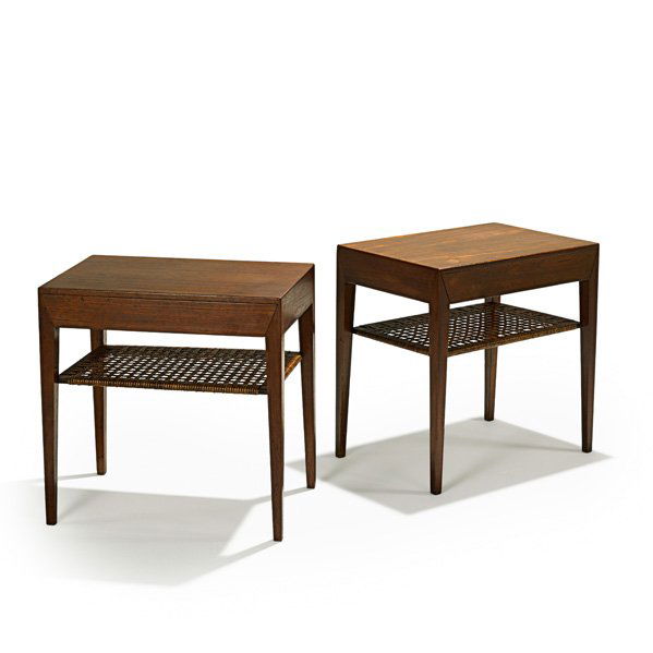 SEVERIN HANSEN Pair of nightstands: SEVERIN HANSEN HASLEV MOBELSNEDKERI Pair of nightstands, Denmark, 1960s; Teak, cane; Danish control and manufacturer's paper labels; 19 3/4" x 19 3/4" x 13 3/4"
