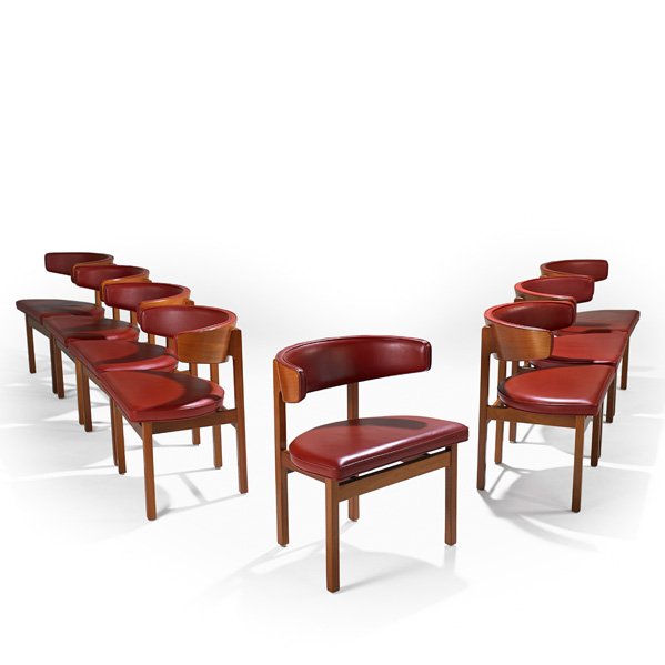 BORGE MOGENSEN Eight Conference chairs: BORGE MOGENSEN FREDERICIA STOLEFABRIK Eight Conference chairs, Denmark, 1960s; Mahogany, leather; Manufacturer's paper labels; 28" x 24" x 20"