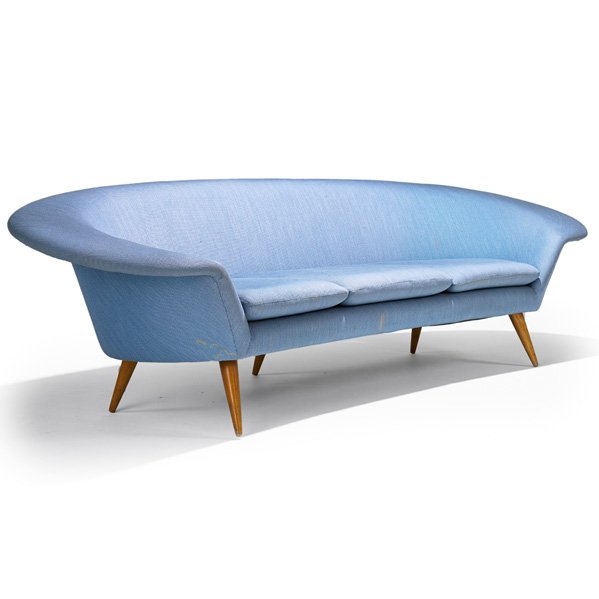 SWEDISH Three-seat sofa: STYLE OF KERSTIN HORLIN-HOLMQUIST Three-seat sofa, 1950s; Beech, upholstery; Unmarked; 27 1/2" x 99" x 34"
