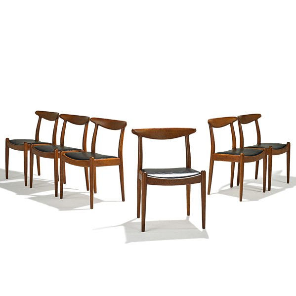 HANS WEGNER Set of six dining chairs: HANS WEGNER C.M. MADSENS FABRIKER Set of six dining chairs, Denmark, 1960s; Oak, vinyl; Branded; 30" x 21 3/4" x 18 1/2"