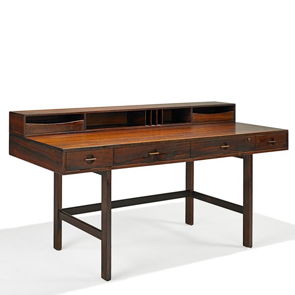 LOVIG Rosewood flip-top partner's desk: LOVIG Flip-top partner's desk, Denmark, 1960s; Rosewood, brass; Manufacturer's label; Closed: 34" x 64" x 28 1/2", open: 38" wide