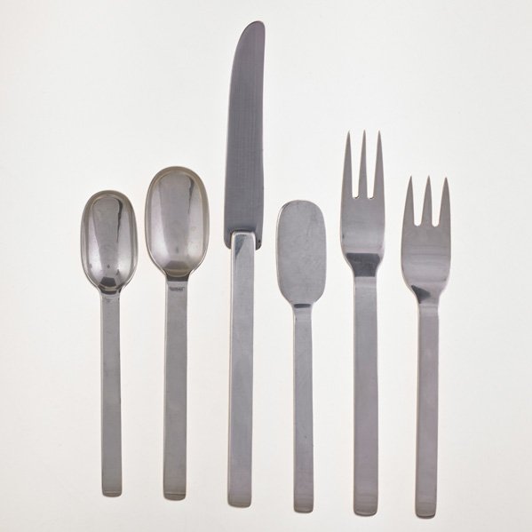 PORTER BLANCHARD "Simplicity" flatware: PORTER BLANCHARD Assembled set of sterling flatware for six in the Simplicity pattern, plus extras, 53 pieces total, USA, 1930s; Includes four serving pieces in the Capri pattern and one in the Contin