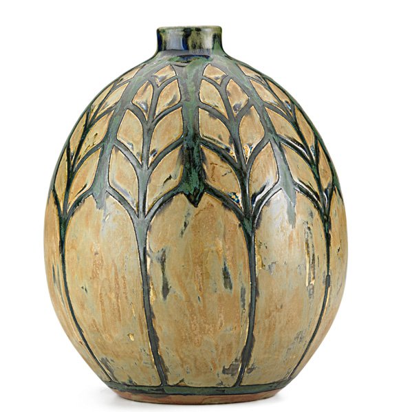 CH. CATTEAU; BOCH FR. Keramis vase w/ leaves: CHARLES CATTEAU BOCH FRERES Keramis glazed stoneware vase with stylized leaves, Belgium, 1920s; Blue Boch Freres stamp, Gres Keramis, D638A/966; 9 1/2" x 7 1/2"