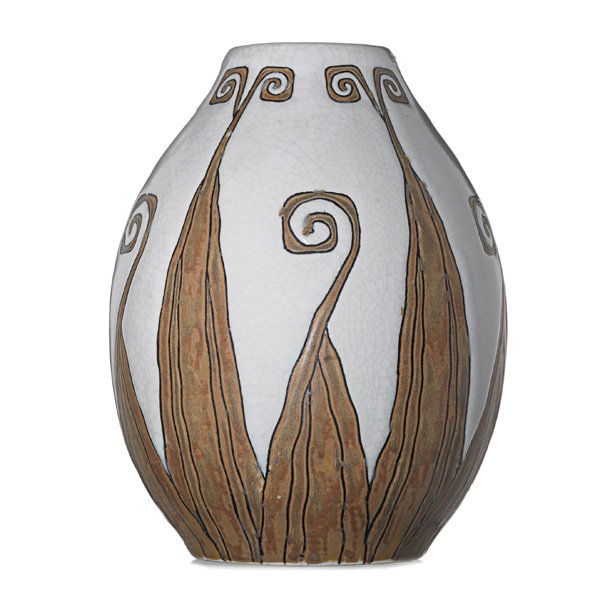 CH. CATTEAU; BOCH FRERES Keramis vase: CHARLES CATTEAU BOCH FRERES Keramis glazed stoneware vase with stylized organic pattern, Belgium, 1920s; Black Boch Freres stamp, Ch. Catteau, Gres Keramis, D775/901C; 9" x 6 1/2"