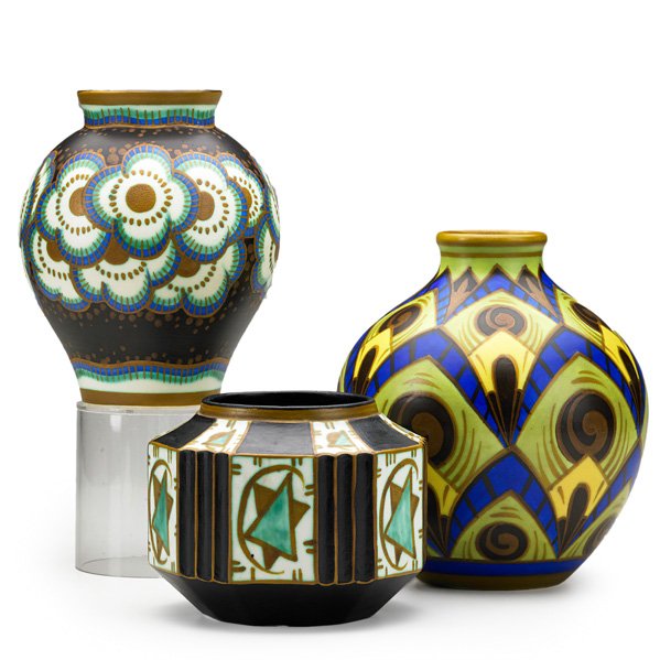 CH. CATTEAU; BOCH FRERES Three matte-painted vases: CHARLES CATTEAU BOCH FRERES Three matte-painted vessels, Belgium, ca. 1920; Green vase with yellow Keramis wolf stamp, black vase with blue Keramis wolf stamp, and geometric vessel with blue Keramis w