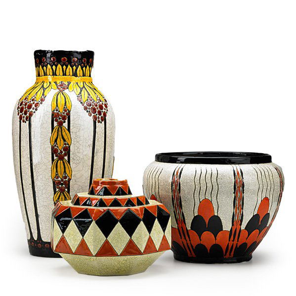 CH. CATTEAU; BOCH FRERES Three vessels: CHARLES CATTEAU BOCH FRERES Three Art Deco crackleware vessels, Belgium, 1920s; Tall vase with black BFK stamp/Ch. Catteau, octagonal vessel with blue Keramis stamp, jardiniere with black Keramis stam