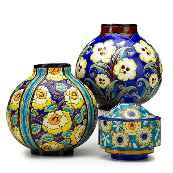 BOCH FRERES Two crackleware vessels, one humidor: BOCH FRERES Two crackleware ceramic vessels and one humidor, Belgium, ca. 1920; Two with circular black Boch Freres stamp, one vase with brown Keramis stamp; Tallest: 9 1/2" x 9"