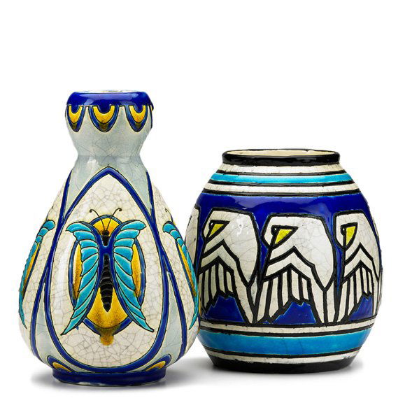 CH CATTEAU; BOCH FRERES Two crackleware vases: CHARLES CATTEAU BOCH FRERES Two crackleware vases, Belgium, 1920s; Bird vase with blue Boch Freres stamp/Ch. Catteau, other vase with black BFK stamp; Taller: 9 1/2" x 6"