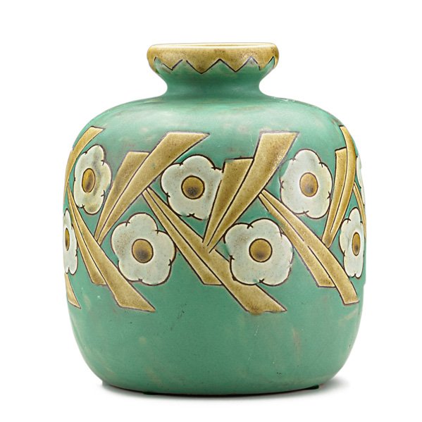 BOCH FRERES Keramis vase w/ blossoms: BOCH FRERES Keramis glazed stoneware vase with stylized blossoms, Belgium, 1920s; Stamped Keramis MADE IN BELGIUM, Gres Keramis, D1229/995; 7" x 5 3/4"