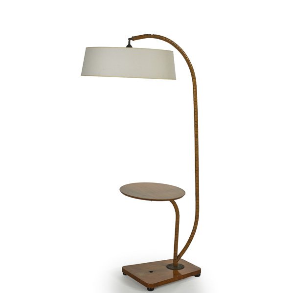 JACQUES ADNET Lamp table: JACQUES ADNET Lamp table, France, 1950s; Beech, birch, bronze; Unmarked; 65 1/2" x 24" x 33"
