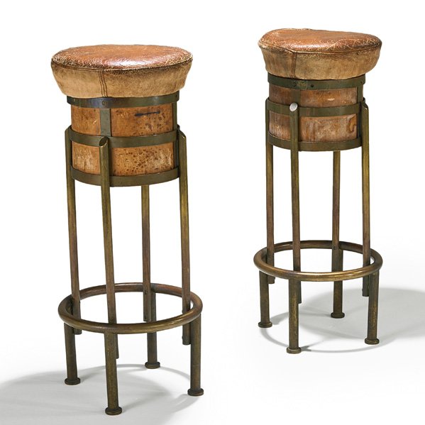MAISON DESNY Pair of Art Deco bar stools: MAISON DESNY Pair of Art Deco bar stools, France, 1920s; Bronze, leather; Marked; 32 1/2" x 14" dia.