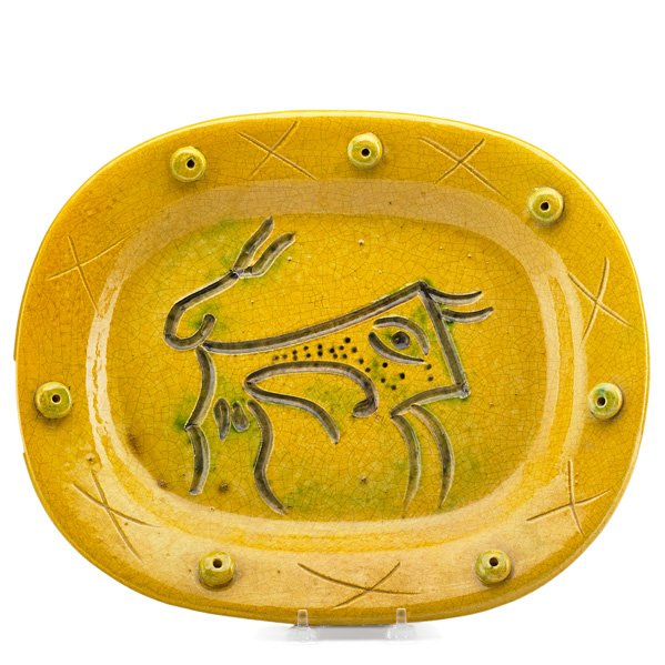 PABLO PICASSO; MADOURA "Engraved Bull" platter: PABLO PICASSO (1881-1973) MADOURA Glazed earthenware platter, "Engraved Bull," France, 1947; Stamped MADOURA PLEIN FEU EDITION PICASSO 18/200, I/107; 12" x 14 3/4" Publication: Alain Ramie, "Picasso: