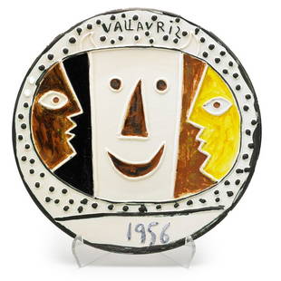 PABLO PICASSO; MADOURA Large charger: PABLO PICASSO MADOURA Large glazed ceramic charger, "Vallauris," France, designed 1956; Stamped Madoura Plein Feu Empreinte Originale de Picasso, incised C. 103, numbered 9/100; 1 1/4" x 16 1/2" dia.