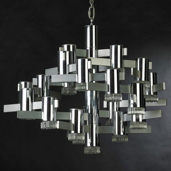 GAETANO SCIOLARI; LIGHTOLIER Chandelier: GAETANO SCIOLARI LIGHTOLIER Chandelier, Italy, 1970s; Chromed steel, brushed aluminum, cast glass, twenty-two sockets; Unmarked; Body of fixture: 29" x 36" dia.