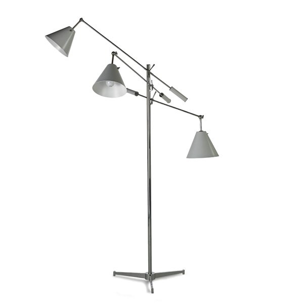 ARREDOLUCE Triennale floor lamp: ARREDOLUCE Triennale three-arm floor lamp, Monza, Italy, 1950s; Nickeled brass, enameled aluminum, and steel; Stamped in cones, Arredoluce Monza; 77" x 38" x 36"