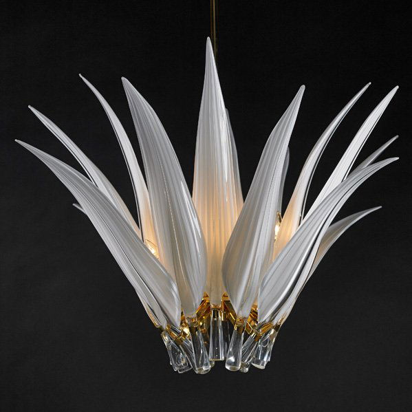 FRANCO LUCE Chandelier: FRANCO LUCE Chandelier, Italy, 1970s; Gold plated brass, cased glass; Unmarked; To ceiling cap: 46" x 45"