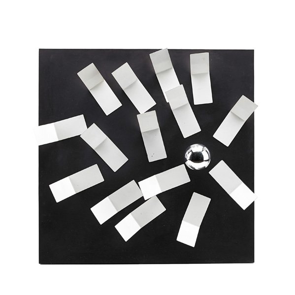 GIANNI VILLA; VALENTI "Kalamo" lighting sculpture: GIANNI VILLA VALENTI "Kalamo" lighting interactive sculpture, Italy, 1972; Enameled steel, magnets, enameled metal, single socket, light bulb; Unmarked; 19" x 19" x 7 1/2" Note: This light features mo