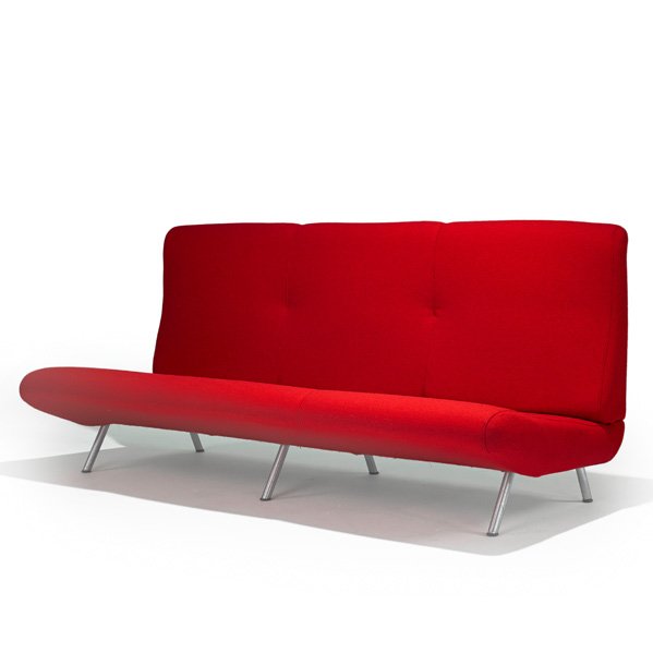 MARCO ZANUSO Sofa: MARCO ZANUSO ARFLEX Three-seat sofa, Italy, 1950s; Wool, matte-chromed steel, rubber; Fabric label; 33" x 72" x 31"