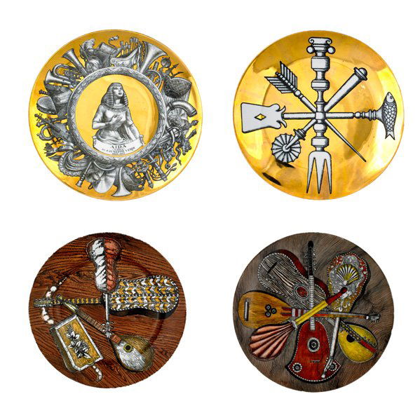 PIERO FORNASETTI Four transfer-decorated plates: PIERO FORNASETTI Four assorted service plates in original boxes: two from the "Strumenti Musicali" series, Aida from "Melodrama," and one from "Posateria" series, Italy; All marked PIERO FORNASETTI MI