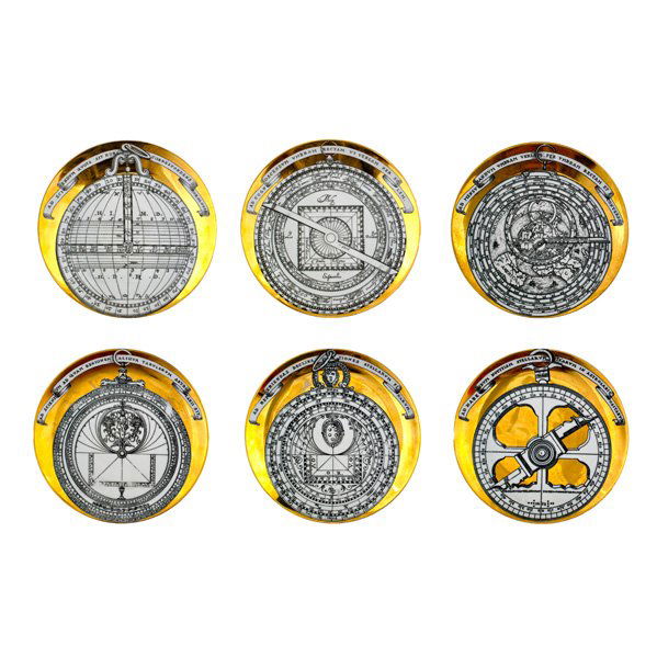 PIERO FORNASETTI Six plates, "Astrolabio": PIERO FORNASETTI Six porcelain transfer-decorated plates from the "Astrolabio" series, Italy; All marked PIERO FORNASETTI MILANO MADE IN ITALY; 10" dia.