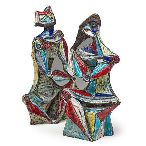 MARCELLO FANTONI Pair of Venetian sculptures: MARCELLO FANTONI Pair of glazed earthenware figural sculptures, Italy, 1950s; Signed Fantoni Italy; Tallest: 15 1/4" x 7 1/2"