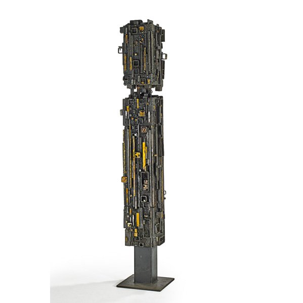JAMES BEARDEN Cabinet: JAMES BEARDEN (b. 1964) Cabinet, "Lunar Locker," from the Cathedral Series, Des Moines, IA, 2010; Torch-cut, welded, and blackened steel, bronze, copper; Unmarked; 70" x 12" x 12" Provenance: From the