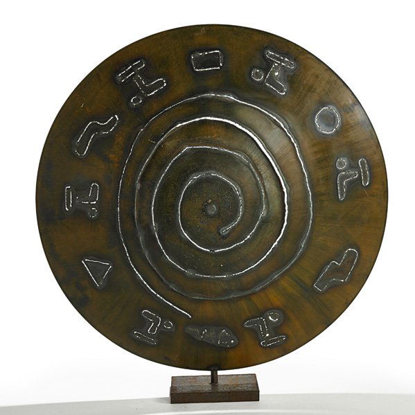 MATHIAS GOERITZ Large sculpture: MATHIAS GOERITZ (1915-1990) Large sculpture on stand, Mexico, 1950s; Torch-cut and patinated steel, iron; Signed; 51 1/2" x 47 1/2" dia. x 12"