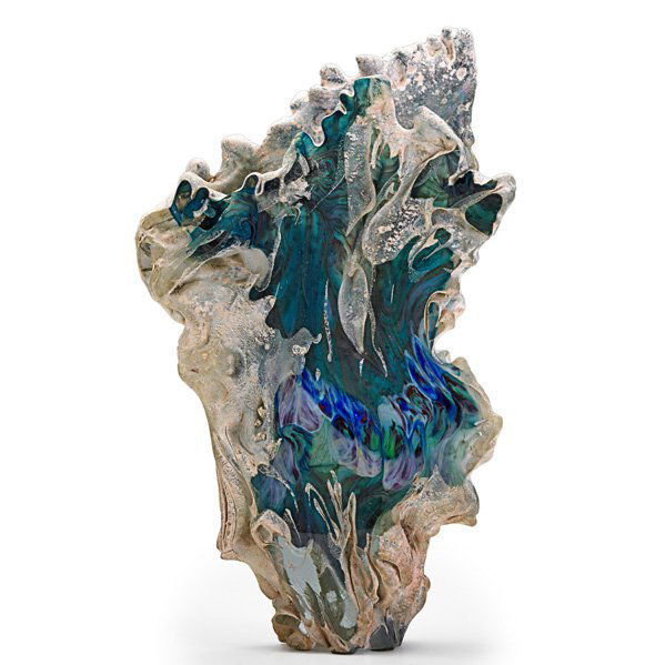 JON KUHN Chemically Treated vessel: JON KUHN (b. 1949) Chemically Treated vessel, Winston-Salem, NC, 1982; Glass; Signed Jon Kuhn, CTVF 268, June 1982; 14" x 9"