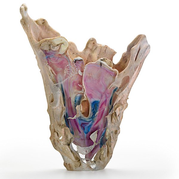 JON KUHN Chemically Treated vessel: JON KUHN (b. 1949) Chemically Treated vessel, Winston-Salem, NC, 1982; Glass; Dedicated, TO MRS GROHE, signed Jon Kuhn, MS 8, October 1982; 7" x 5 3/4"