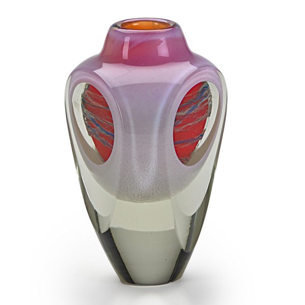 JON KUHN Glass bottle: JON KUHN (b. 1949) Three-sided glass vessel, Winston-Salem, NC, 1982 ; 5 3/4" x 3 1/2"