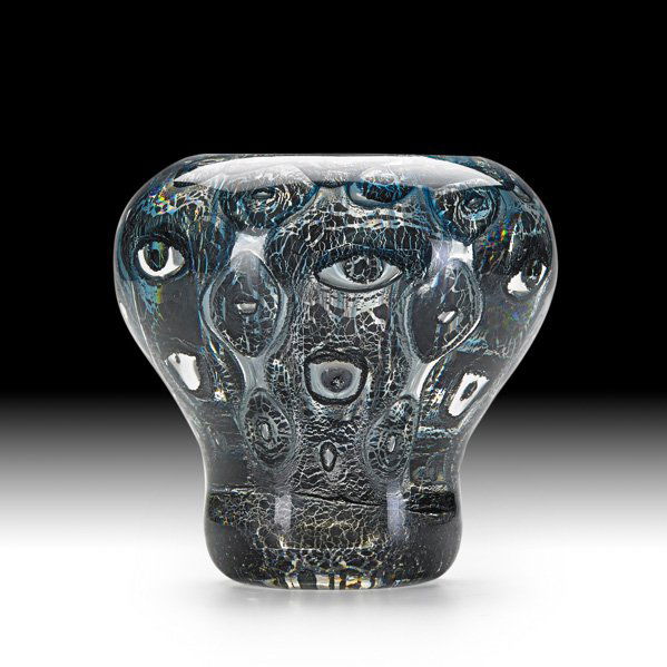 A.D. COPIER; LEERDAM Small Unica glass vase: ANDRIES DIRK COPIER (1901-1991) LEERDAM Small Unica glass vase with abstract pattern, Holland; Etched LEERDAM-UNICA/AD Copier/AD.11; 4 1/4" x 4 1/2"