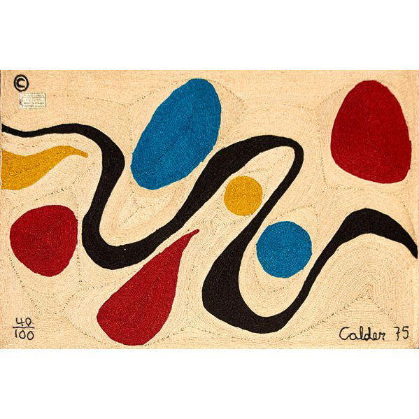 AFTER ALEXANDER CALDER Tapestry "Turquoise": AFTER ALEXANDER CALDER (1898-1976) BON ART Jute fiber tapestry, "Turquoise," Nicaragua, 1975; Embroidered copyright mark, 40/100, Calder 75, cloth tag; 56" x 84"
