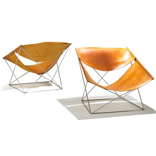 PIERRE PAULIN; ARTIFORT Pr. of Butterfly chairs: PIERRE PAULIN ARTIFORT Pair of Butterfly chairs (no. 675), France/The Netherlands, 1960s; Stitched saddle leather, matte chrome steel; Unmarked; 25" x 32" x 26"
