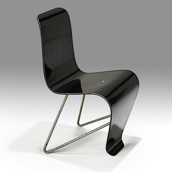 ANDRE BLOC Bellevue chair: ANDRE BLOC Bellevue chair, France, 1950s; Enameled plywood, enameled steel, chromed steel; Unmarked; 32 1/2" x 16" x 19" Literature: Favardin, Les Decorateurs des Annees 50 (2002), pp. 282-283
