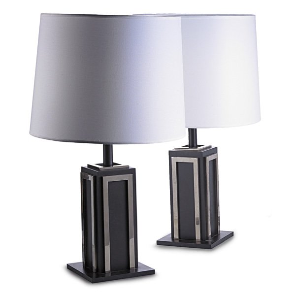 MAISON JANSEN Pair of table lamps: MAISON JANSEN Pair of table lamps, France, 1970s; Nickeled brass, enameled steel; Unmarked; Overall: 30" x 18 1/2"
