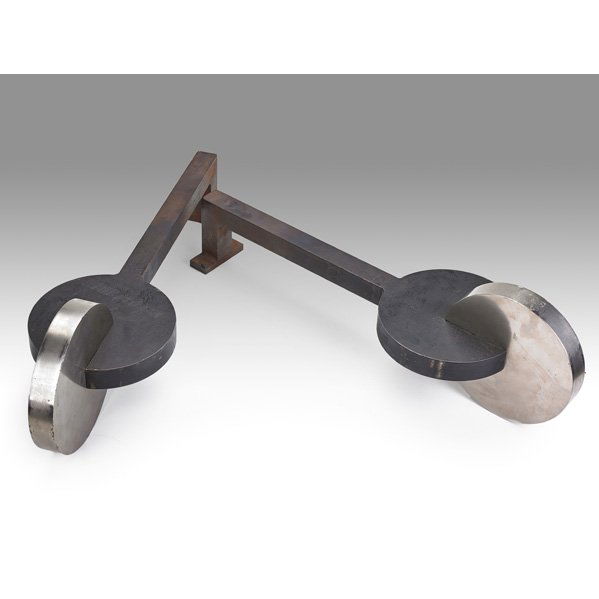 ROBERT MALLET-STEVENS (Attr.) Pair of andirons: ROBERT MALLET-STEVENS (Attr.) Pair of andirons, France, 1930s; Nickel-plated steel, patinated iron; 8 3/4" x 8 3/4" x 28" Provenance: Wright Auctions, 12/7/03 lot 247