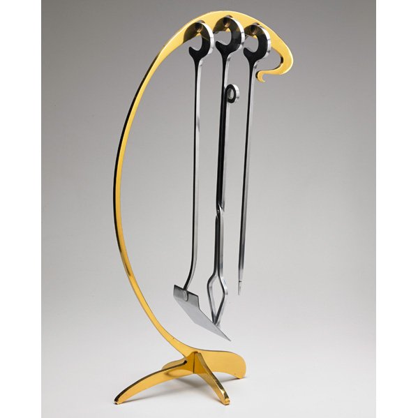 JACQUES CHARLES Four-piece fireplace tool set: JACQUES CHARLES MAISON CHARLES Four-piece Ligne Inox fireplace tool set, France, 1960s; Brass, stainless steel; Unmarked; 28 1/2" x 16" x 10"