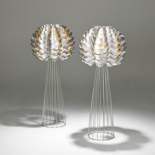 MAX SAUZE Pair of Orion table lamps: MAX SAUZE Pair of Orion table lamps, France, 1970s; Aluminum, zinc-plated steel; Manufacturer's labels; 43" x 19 1/2" dia.