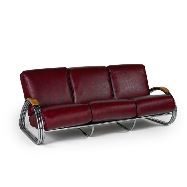 K.E.M. WEBER Triple band sofa: K.E.M. WEBER LLOYD MANUFACTURING CO. Triple band sofa, USA, ca. 1934; Chromed steel, leatherette, maple; Unmarked; 33" x 78 1/2" x 43"
