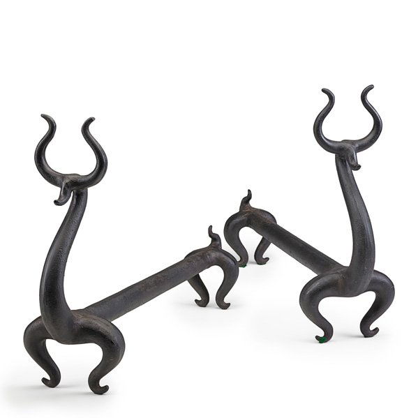 RUSSEL WRIGHT Pair of Fire Deer andirons: RUSSEL WRIGHT RUSSEL WRIGHT INC. Pair of cast iron Fire Deer andirons, USA, 1930s; Signed C RUSSEL WRIGHT 1930; 15 1/2" x 21 1/2" x 6"