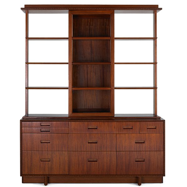 FRANK LLOYD WRIGHT; HENREDON; Breakfront: FRANK LLOYD WRIGHT HERITAGE HENREDON Breakfront (no. 2000), Morganton, NC, 1950s; Mahogany, glass; Manufacturer's stamp; Lower cabinet: 28 1/4" x 61 1/2" x 20", upper cabinet: 49 1/2" x 60" x 15"