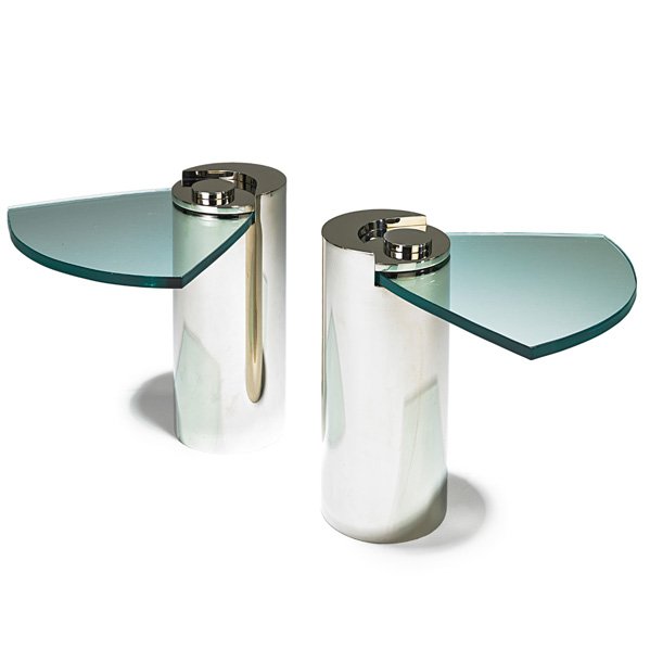 KARL SPRINGER Pair of Sculpture tables: KARL SPRINGER KARL SPRINGER INC Pair of Sculpture tables, New York, 1970s; Nickeled brass, glass; Impressed signatures; 18" x 19 1/2" x 18 1/2"